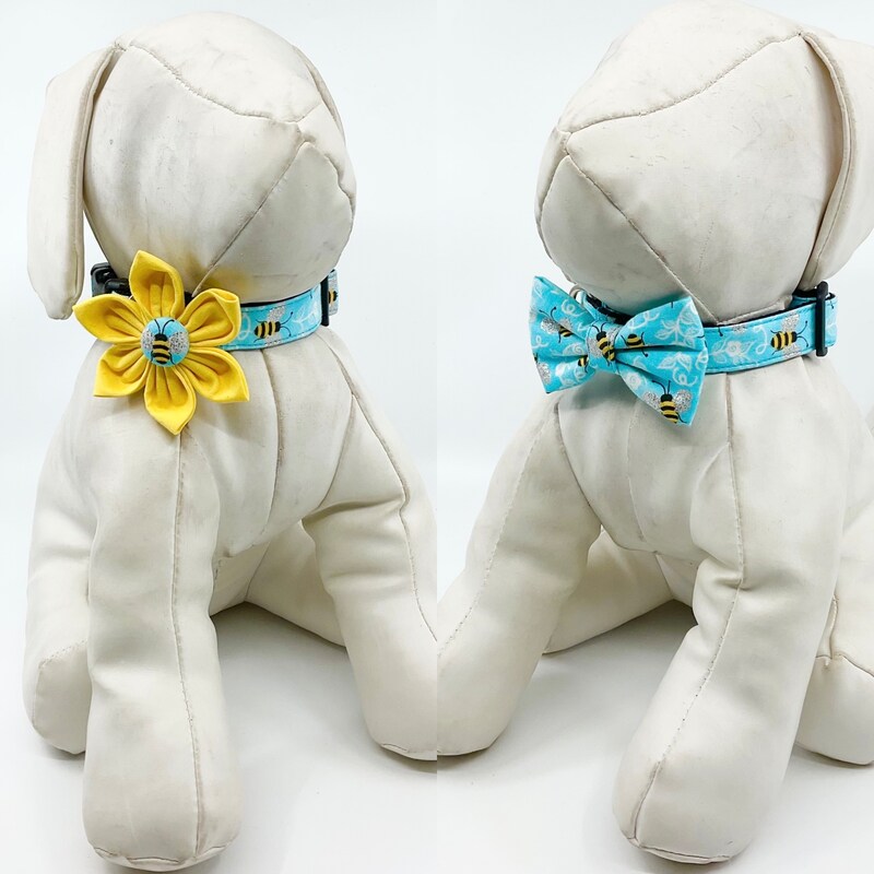 Dog Collar With Optional Flower Or Bow Tie Blue Sparkly Bees Adjustable Pet Collar Sizes XS, S, M, L, XL